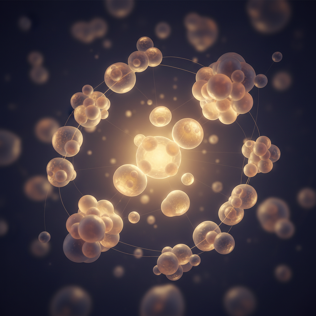 Abstract cellular regeneration with golden organic spheres representing stem cell therapy and longevity medicine