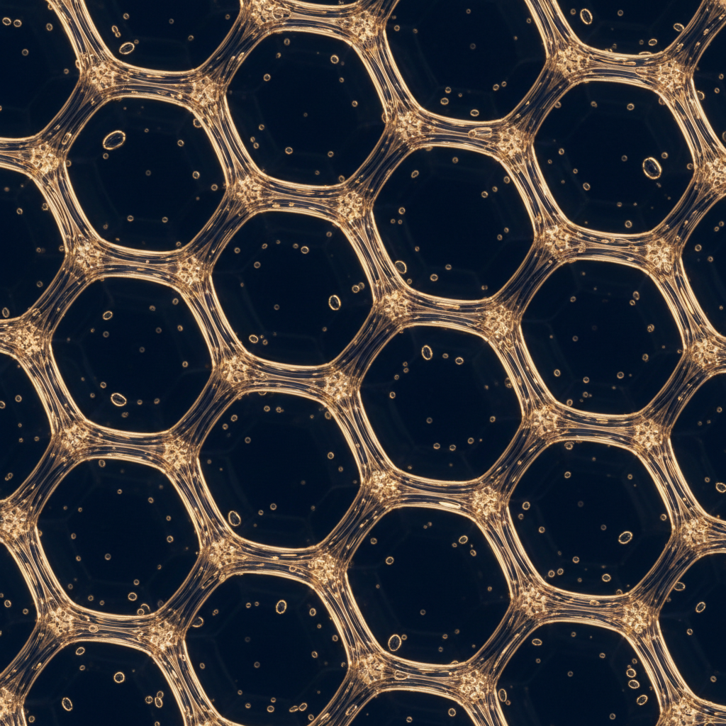 Macro photography of liquid crystal structure with hexagonal patterns representing peptide therapy precision