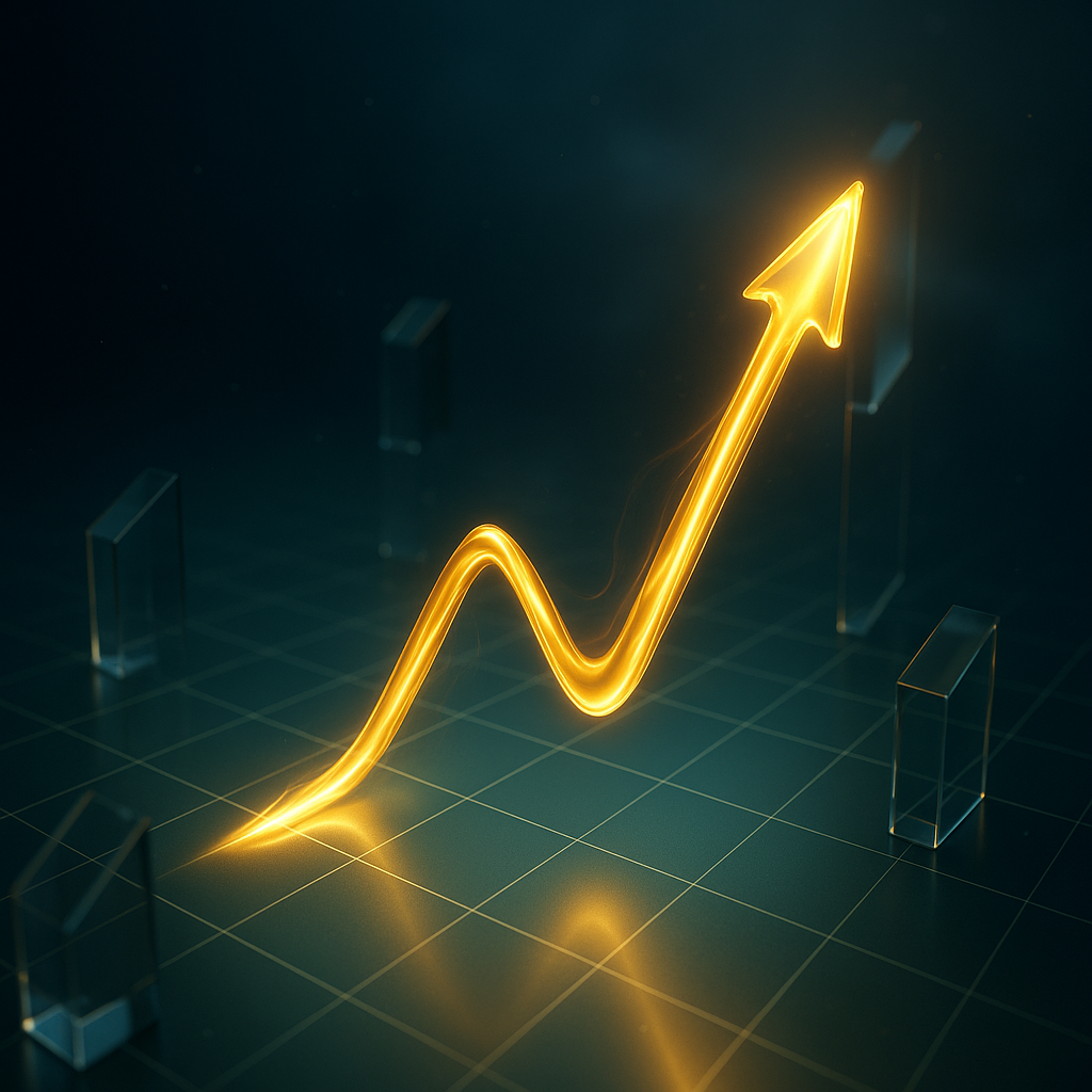 Abstract visualization of growth with rising gold trend lines on a midnight background