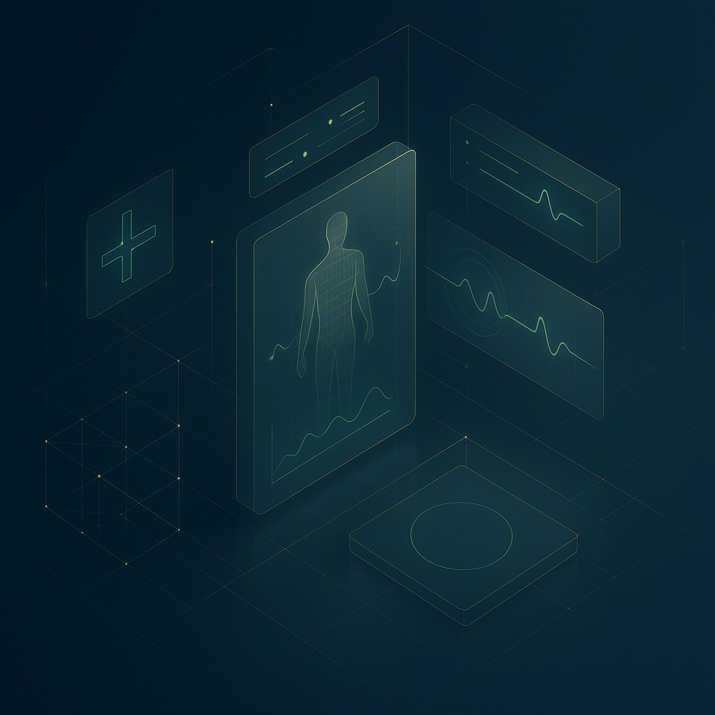 Abstract digital architecture with golden wireframes and sage accents